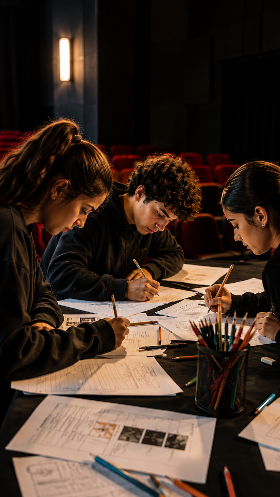 Trois adolescents écrivent et dessinent leur projet de film dans une salle de cinéma