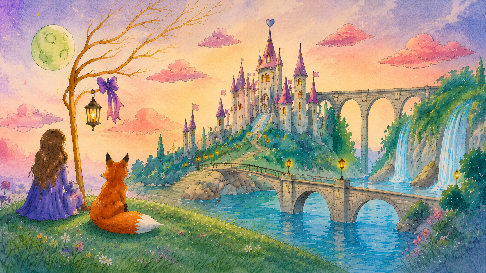 L'univers final du château, de la jeune fille et du renard créé à partir du dessin
