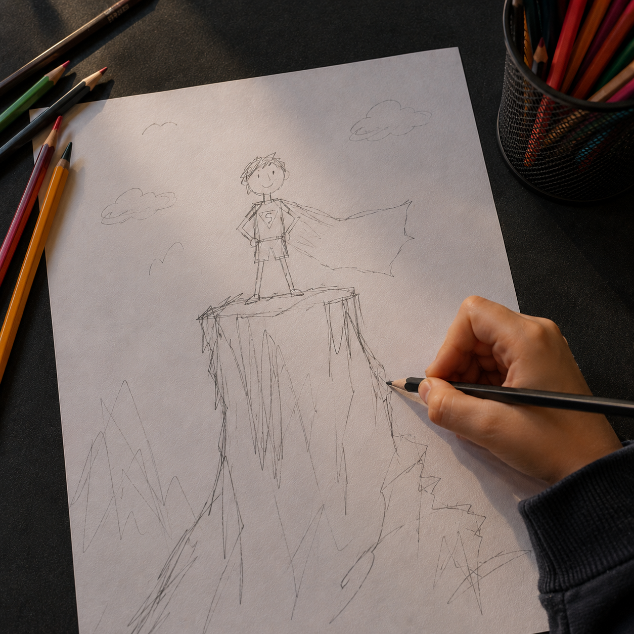 Une participante dessine un personnage de super-héros pendant un atelier Velvet Fox